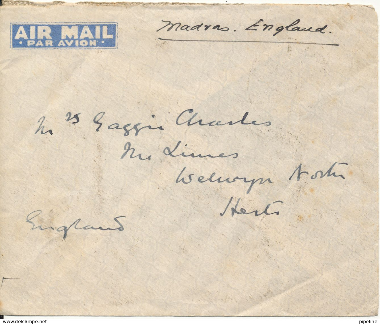 India Air Mail Cover Sent To England 22-2-1931 All The Stamps Are On The Backside Of The Cover - 1911-35 Roi Georges V