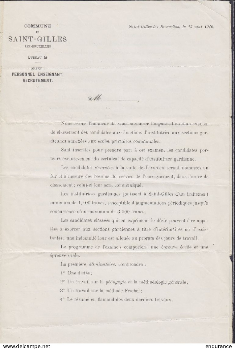 Imprimé "Commune De Saint-Gilles / Personnel Enseignant / Recrutement" Afr. OC11 Càd Càd ST-GILLES (BRUXELLES) /? IX 191 - OC1/25 Gouvernement Général