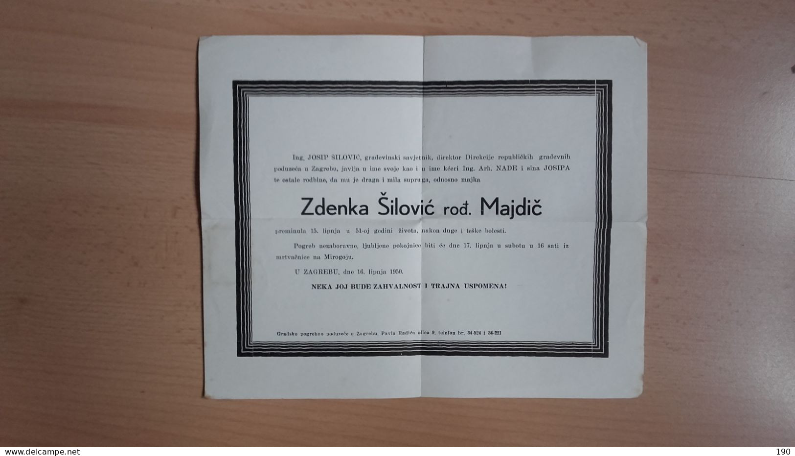 Osmrtnica/obituary.Zdenka Silovic Rod.Majdic.Zagreb-Velenje - Brieven En Documenten