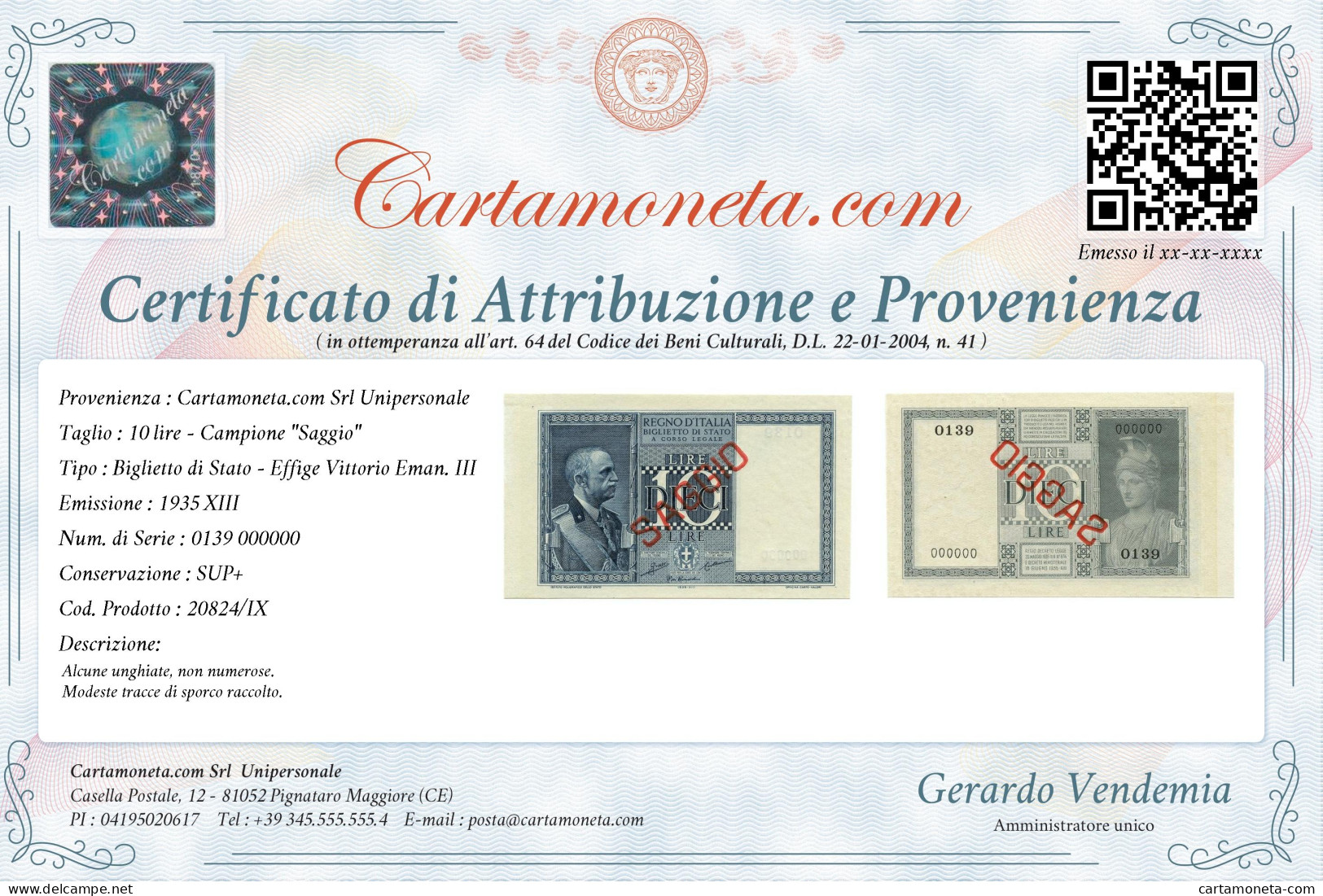 10 LIRE CAMPIONE SAGGIO SPECIMEN BIGLIETTO DI STATO VEIII FASCIO 1935 XIII SUP+ - Andere