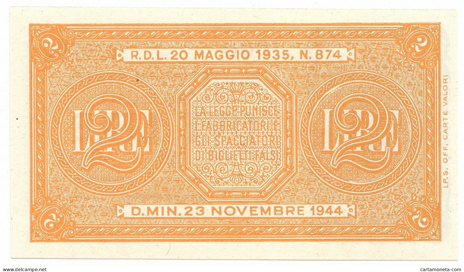 2 LIRE CAMPIONE SPECIMEN BIGLIETTO DI STATO LUOGOTENENZA UMBERTO 23/11/1944 QFDS - Sonstige