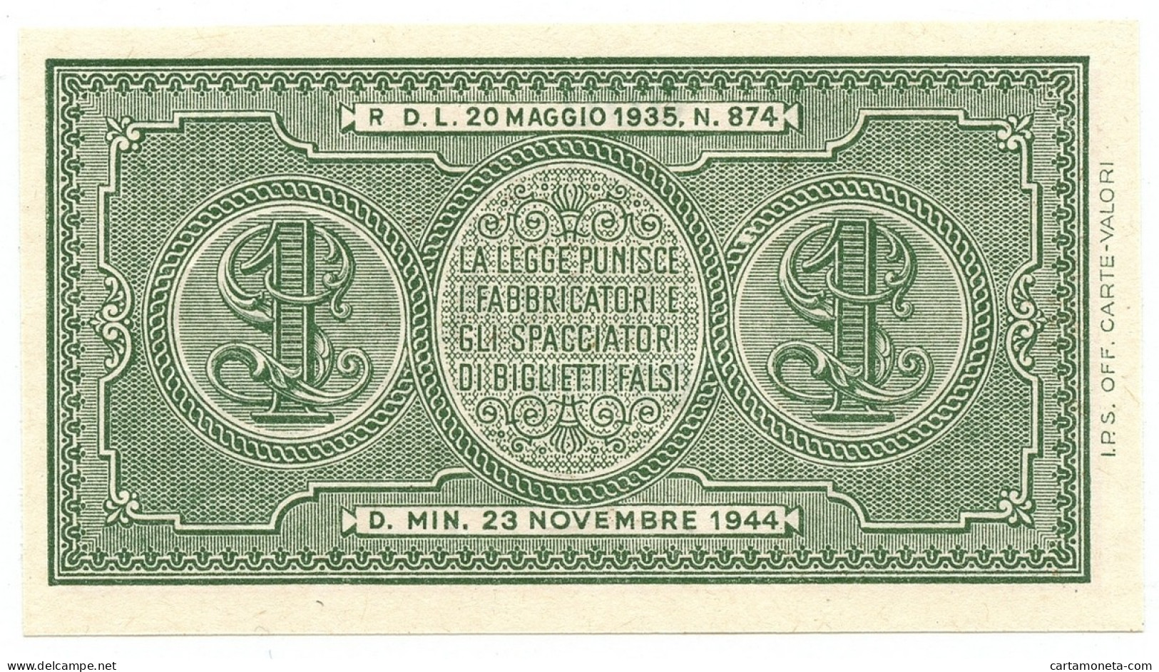 1 LIRA CAMPIONE SPECIMEN BIGLIETTO DI STATO LUOG.ZA UMBERTO 23/11/1944 FDS-/FDS - Regno D'Italia – Other