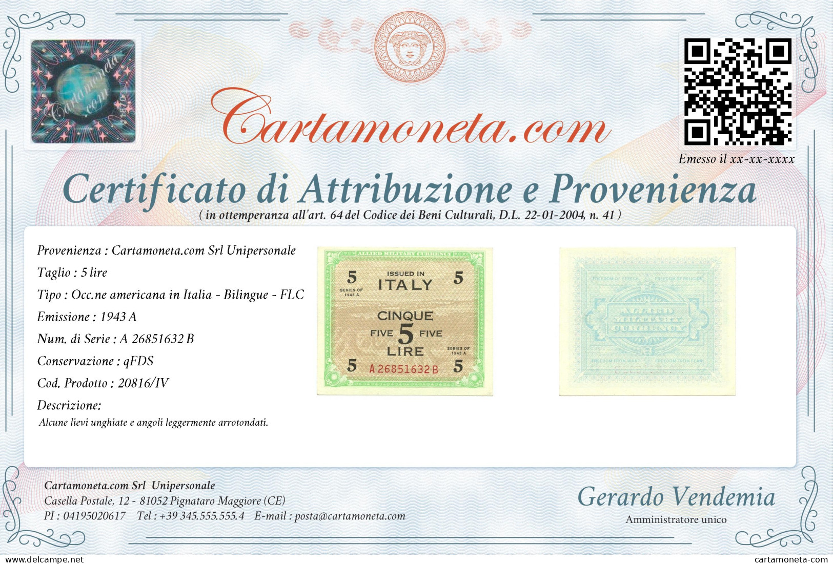 5 LIRE OCCUPAZIONE AMERICANA IN ITALIA BILINGUE FLC A-B 1943 A QFDS - Geallieerde Bezetting Tweede Wereldoorlog