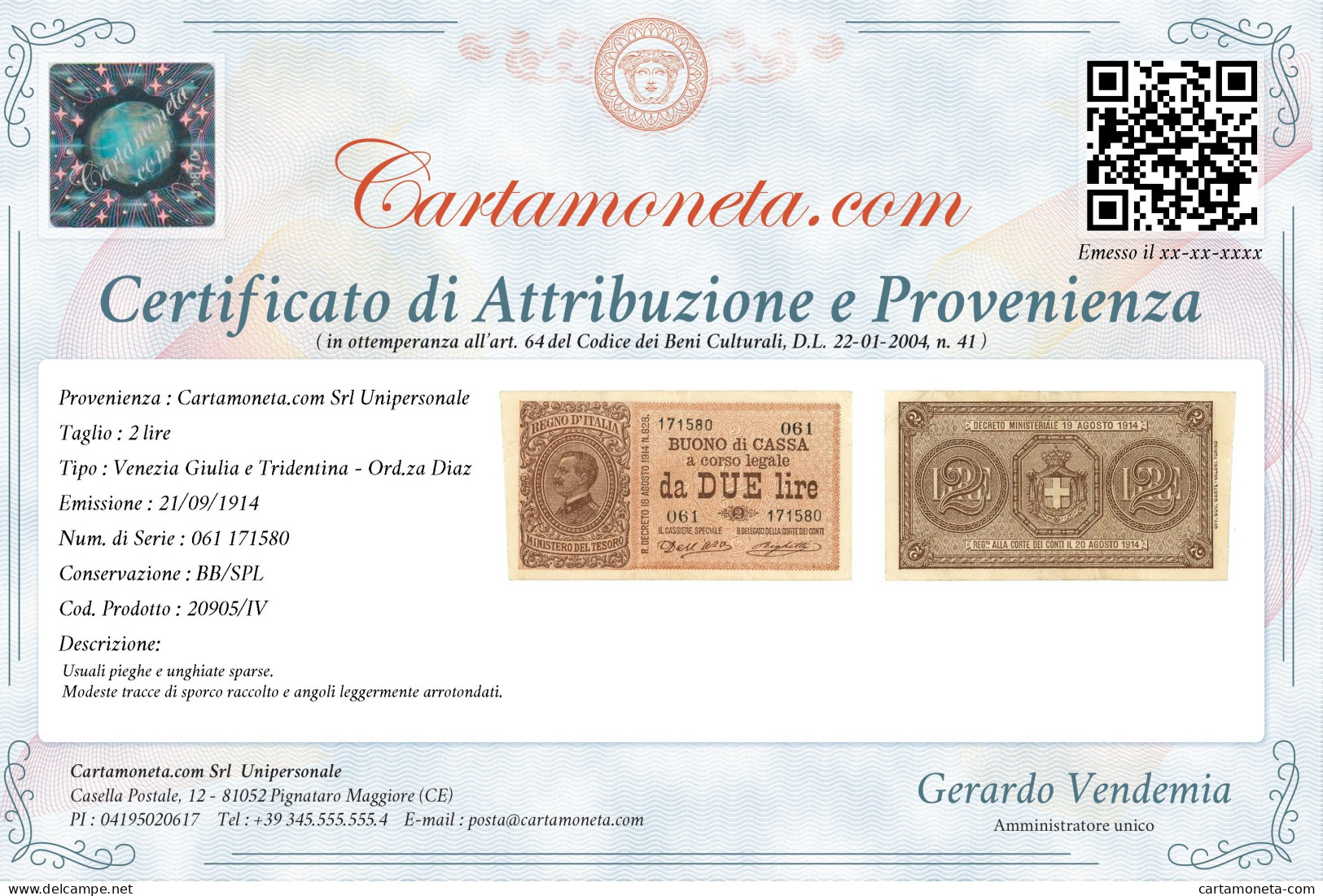 2 LIRE DIAZ VENEZIA GIULIA E TRIDENTINA TERRE REDENTE 21/09/1914 BB/SPL - Otros & Sin Clasificación