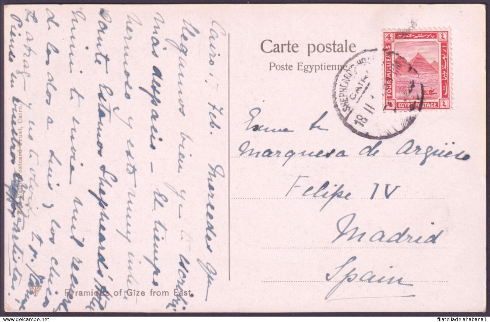 F-EX45326 EGYPT 1912 POSTCARD ALEXANDRIE ARCHEOLOGY CAMELS & PYRAMIDS TO SPAIN.  - Pyramiden