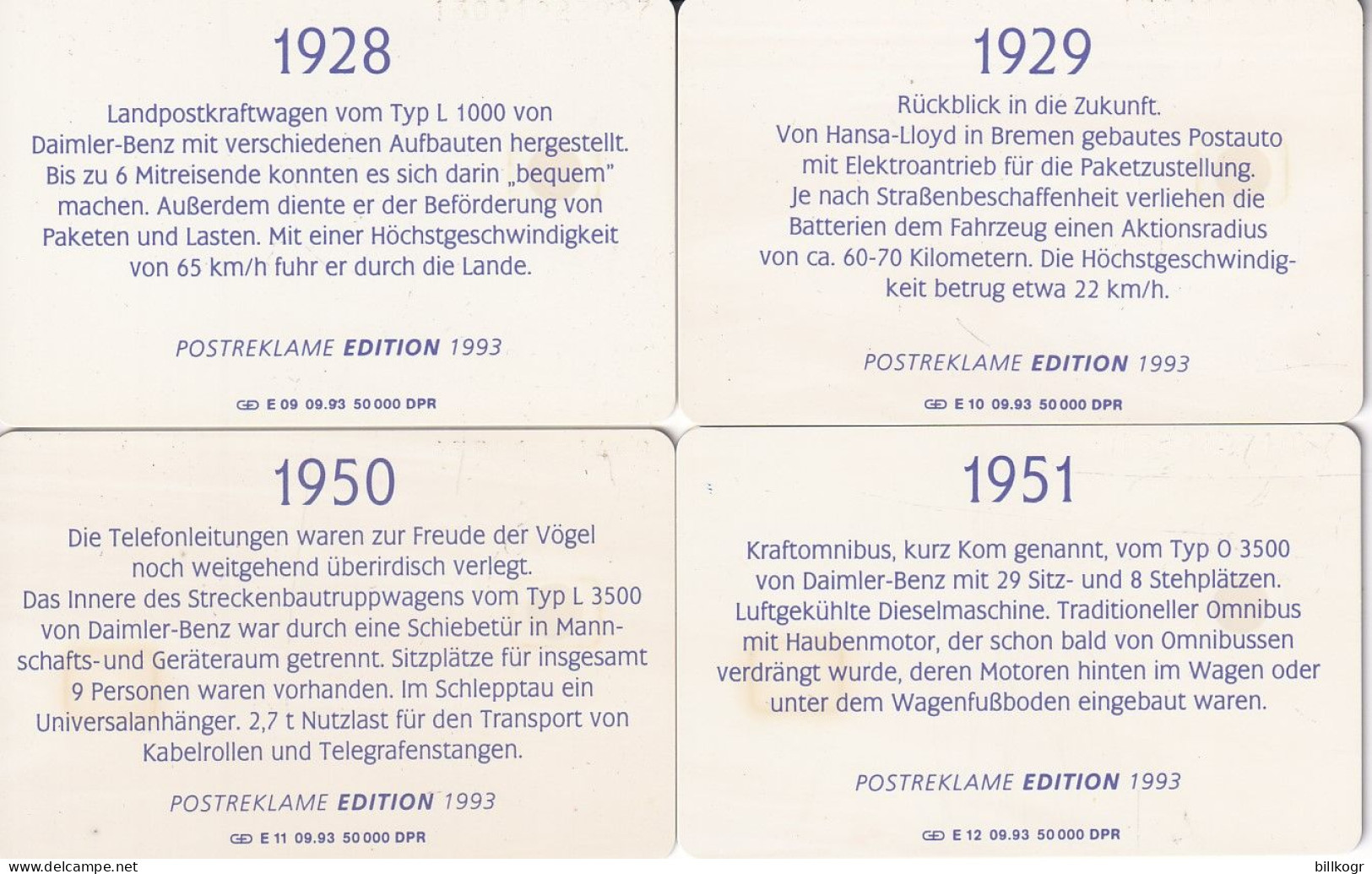 GERMANY - Set Of 4 Cards, Old Vehicles(E 09-10-11-12), Tirage 50000, 09/93, Mint - E-Series : Edición Del Correo Alemán