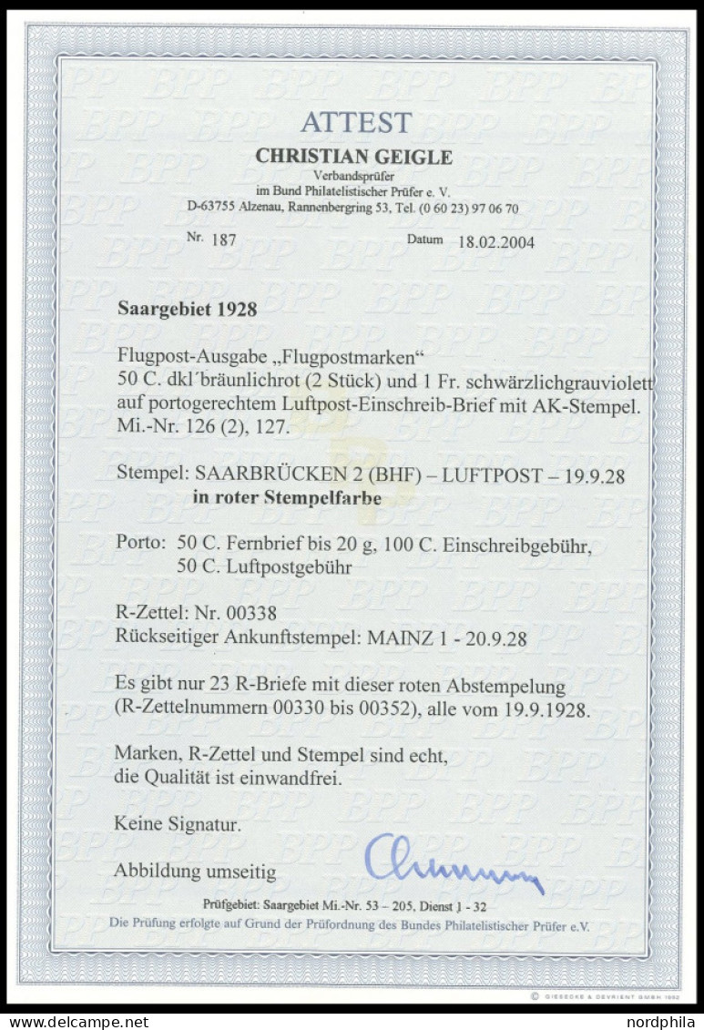 SAARGEBIET 126/7 BRIEF, 19.9.1928, 50 C. Im Waagerechten Paar Und 1 Fr. Flugpost Mit Roten Stempeln SAARBRÜCKEN 2 (BHF)  - Altri & Non Classificati