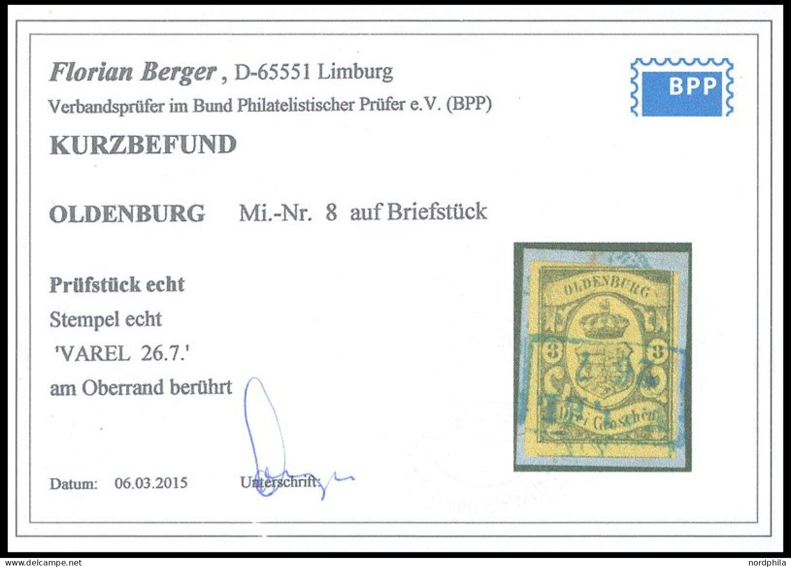 OLDENBURG 8 BrfStk, 1859, 3 Gr. Schwarz Auf Mittelgraugelb, Oben Rechte Berührt Sonst Voll-breitrandiges Prachtbriefstüc - Oldenburg