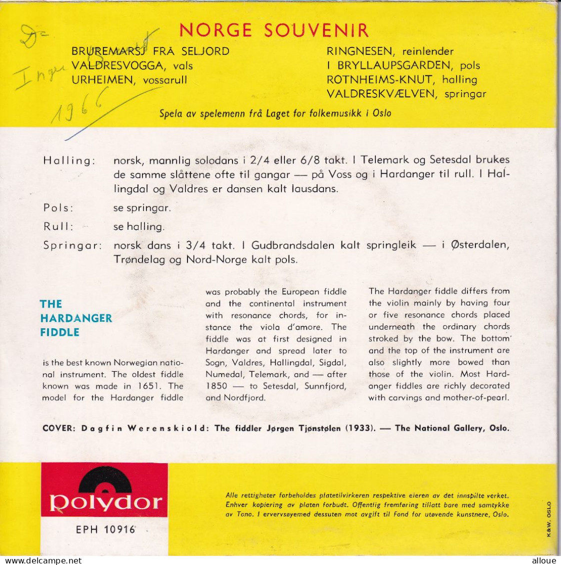 NORGE SOUVENIR -   NORVEGE EP - ORIGINAL NORWEGIAN FOLK MUSIC PLAYED ON THE HARDANGER FIDDLE - World Music