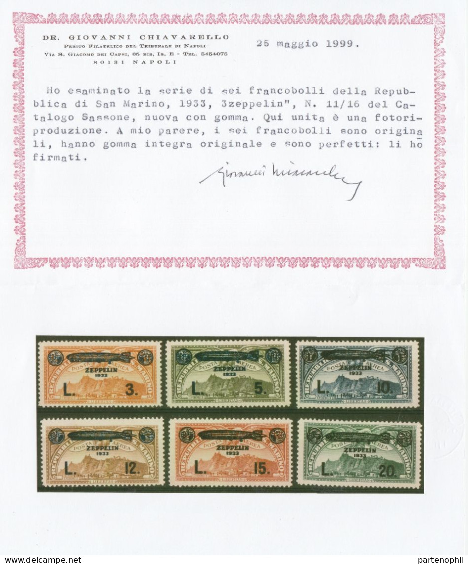 315 - San Marino 1933 - Crociera Zeppelin N. 11/16. Cert. Chiavarello. Cat. € 600,00.MNH - Poste Aérienne