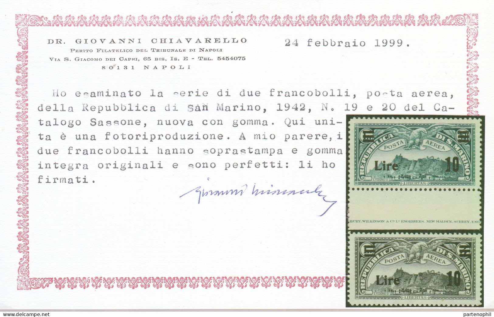 316 - San Marino 1942 - Francobolli Di Posta Aerea Soprastampati N. 19/20. Cert. Chiavarello. Cat. € 320,00. MNH - Airmail