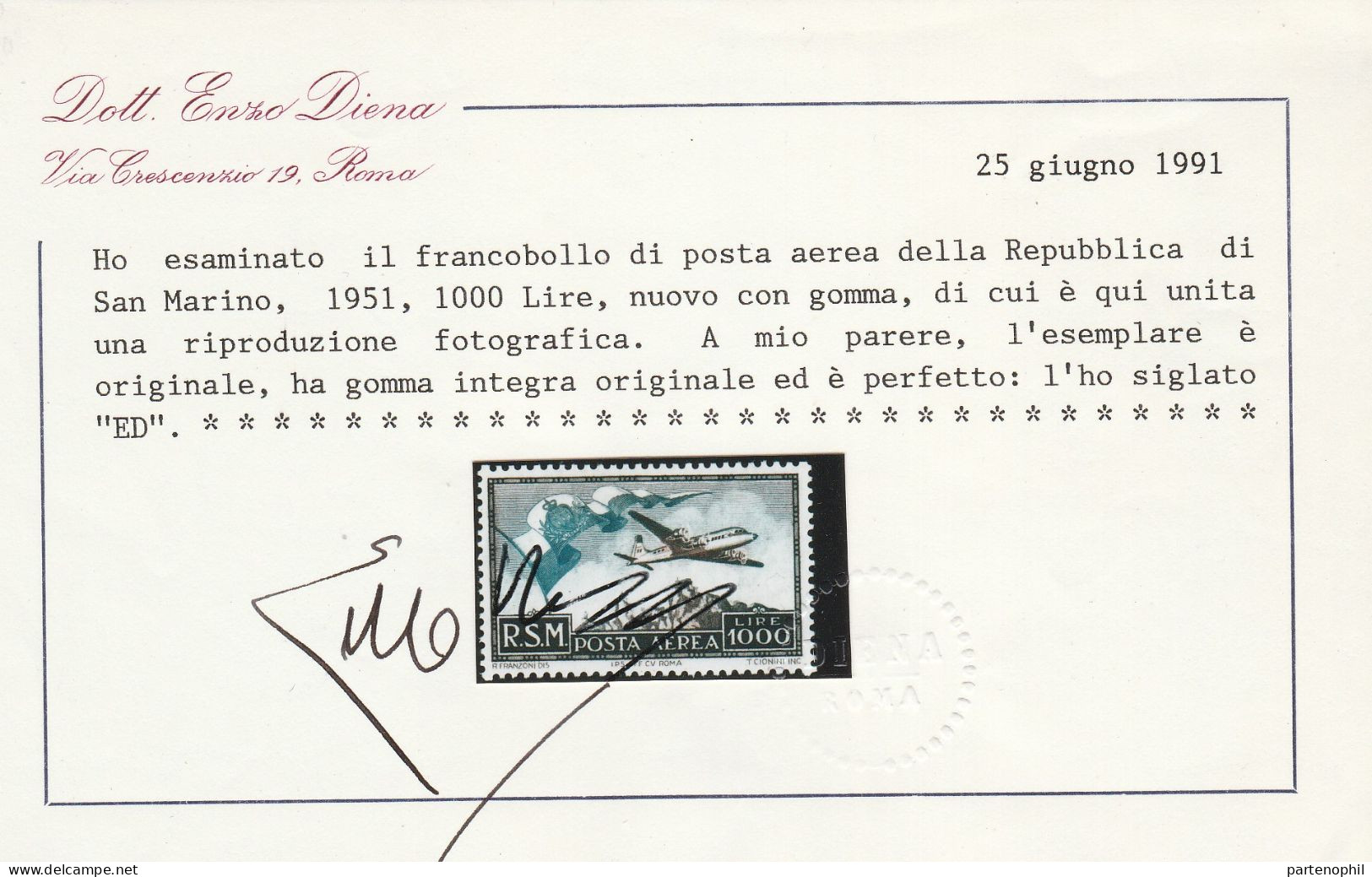 320 - San Marino 1951 - Bandiera, Aereo N. 99. Cert. E. Diena. Cat. € 850,00. MNH - Poste Aérienne