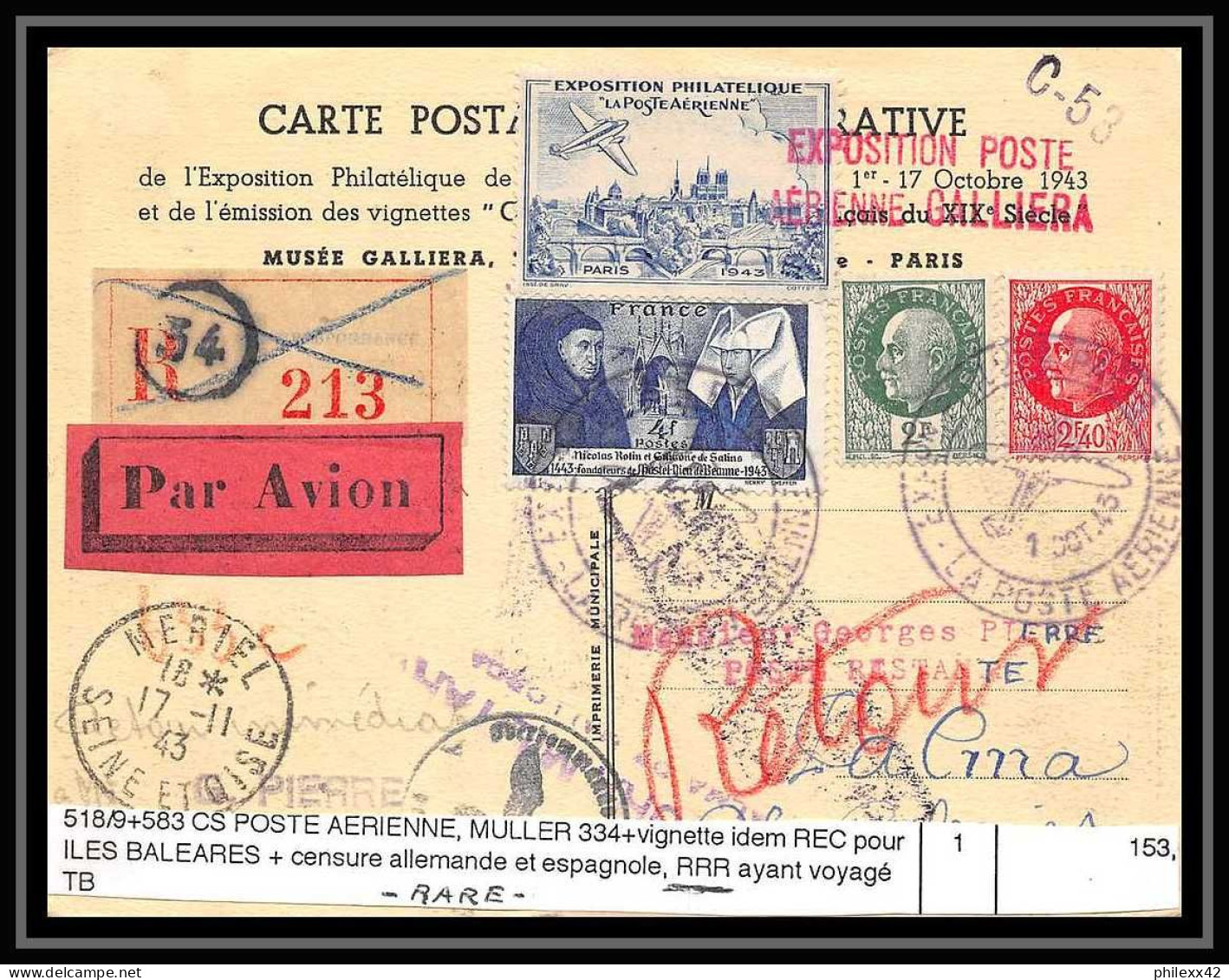 41506 Double Censure Petain Recommandé Pour Palma Espagne Spain Exposition Galliera 1943 Poste Aérienne Airmail - 1927-1959 Storia Postale
