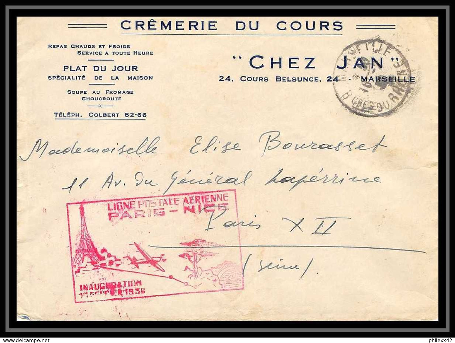 41441 1er Vol Paris / Nice 1938 MARSEILLE France Aviation PA Poste Aérienne Airmail Lettre Cover - 1927-1959 Storia Postale