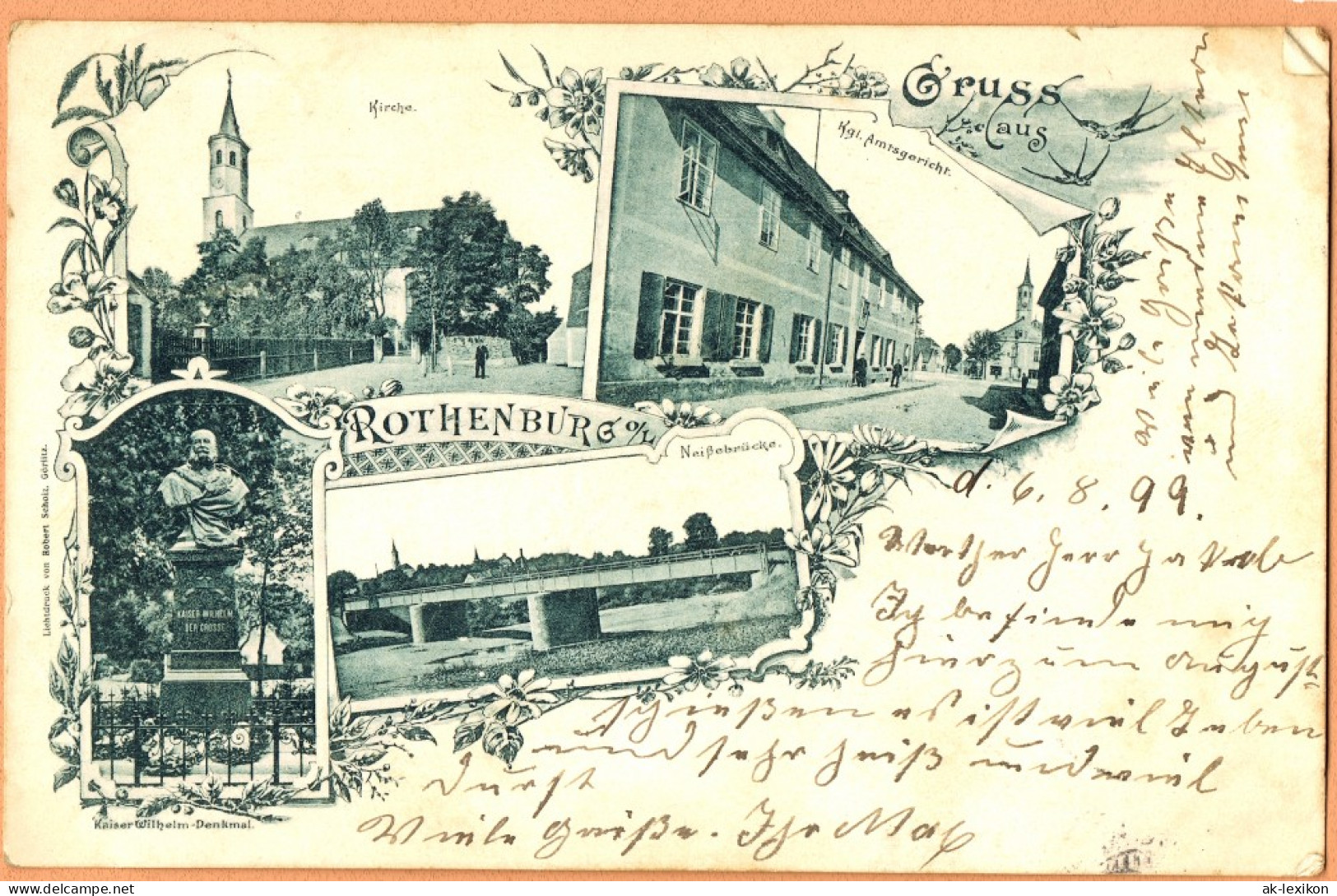 Rothenburg (Oberlausitz)   Straße Amtsgericht,   Brücke, Wilhelm-Denkmal 1899 - Rothenburg (Rózbork)