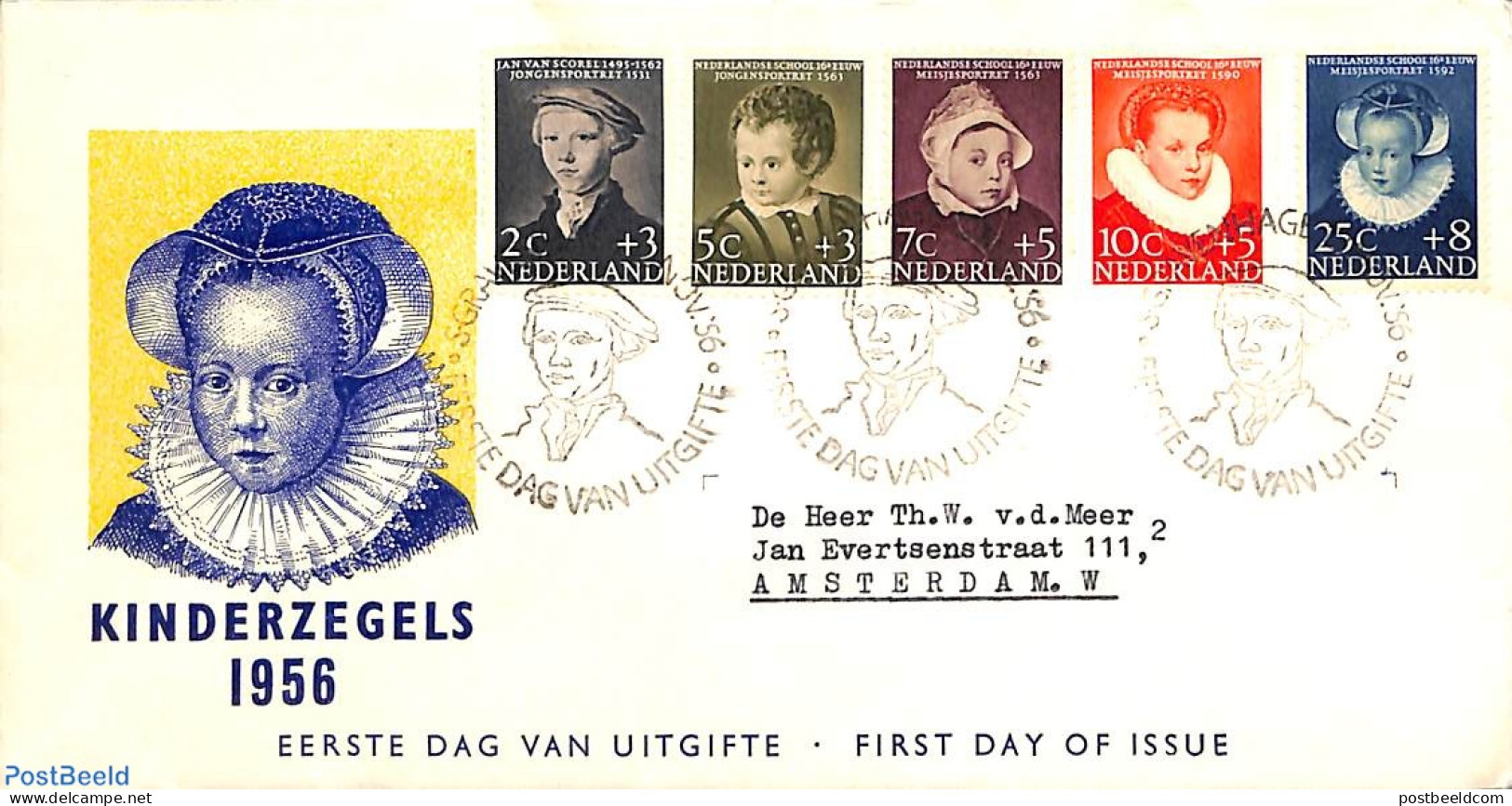 Netherlands 1956 Child Welfare 5v, FDC, Typed Address, Open Flap, First Day Cover - Brieven En Documenten