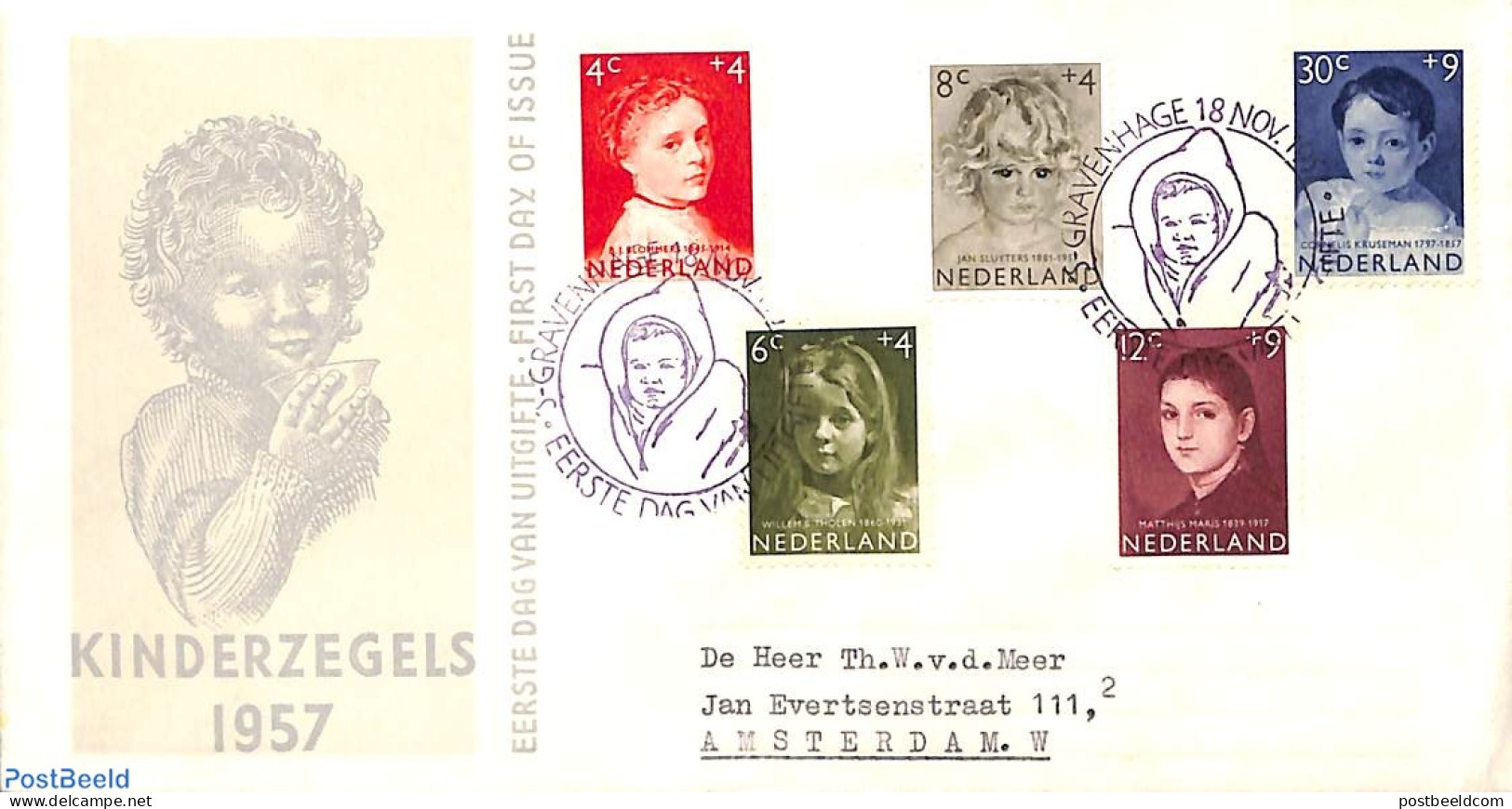Netherlands 1957 Child Welfare 5v, FDC, Typed Address, Closed Flap, First Day Cover - Brieven En Documenten