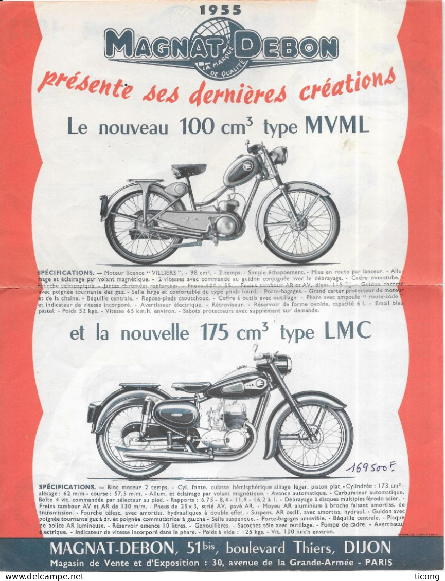 PUBLICITE MAGNAT DEBON DIJON 1955 - CYCLOMOTEURS, SCOOTERS, MOTOCYCLETTES, DOCUMENT ORIGINAL RECTO VERSO A VOIR - Motor Bikes