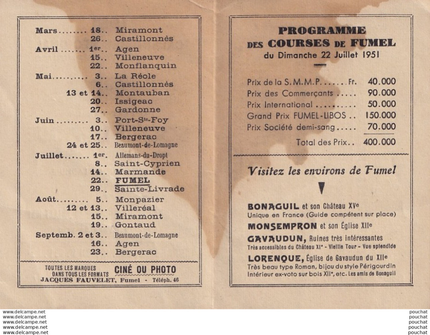 B13- FUMEL - LIBOS - CALENDRIER REGIONAL DES COURSES HIPPIQUES - 1951 - HIPPODROME DE LADHUIE - ( 2 SCANS ) - Small : 1941-60