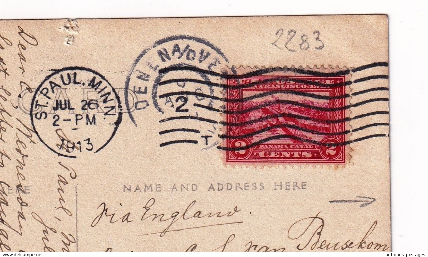 Postal Card Photo 1913 Saint Paul Minesota Netherlands Loenen Aan De Vecht Via England Stamp Panama Canal 2 Cents - Cartas & Documentos