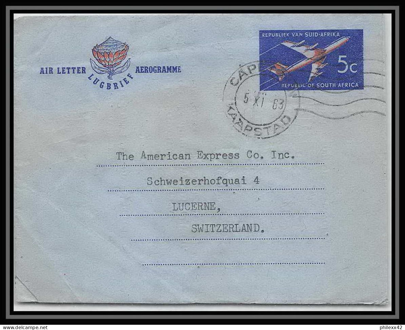 1729/ Afrique Du Sud (RSA) N°53 Entier Stationery Aérogramme Air Letter Pour Lucerne Suisse (Swiss) 1962 - Storia Postale