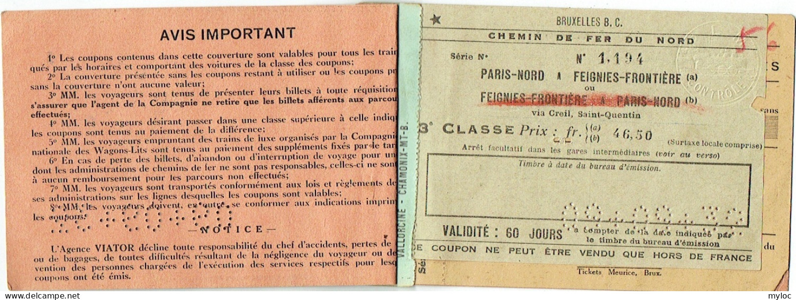 Billet/Ticket De Train.Chemin De Fer Du Nord à Feignes-Frontière Via Creil, St.-Quentin. 1932. Agence De Voyages VIATOR - Europa