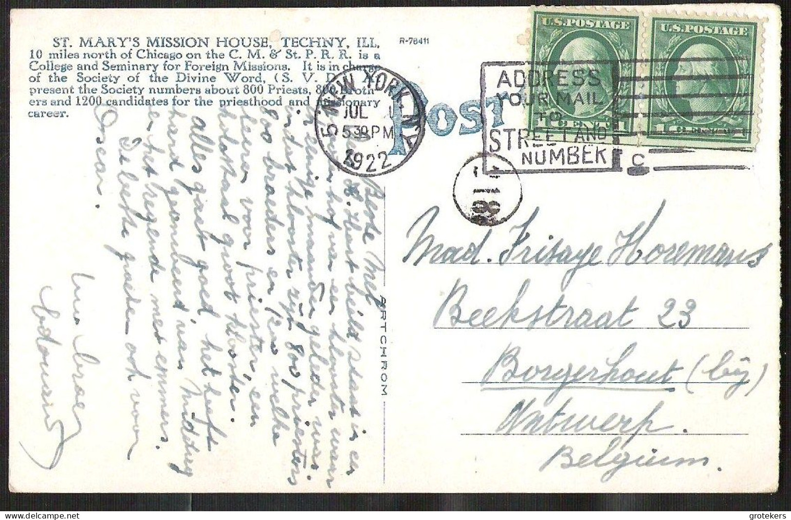 USA 5 different postcards sent around 1922 to Belgium by the Belgian billiard champ Eduard Horemans 