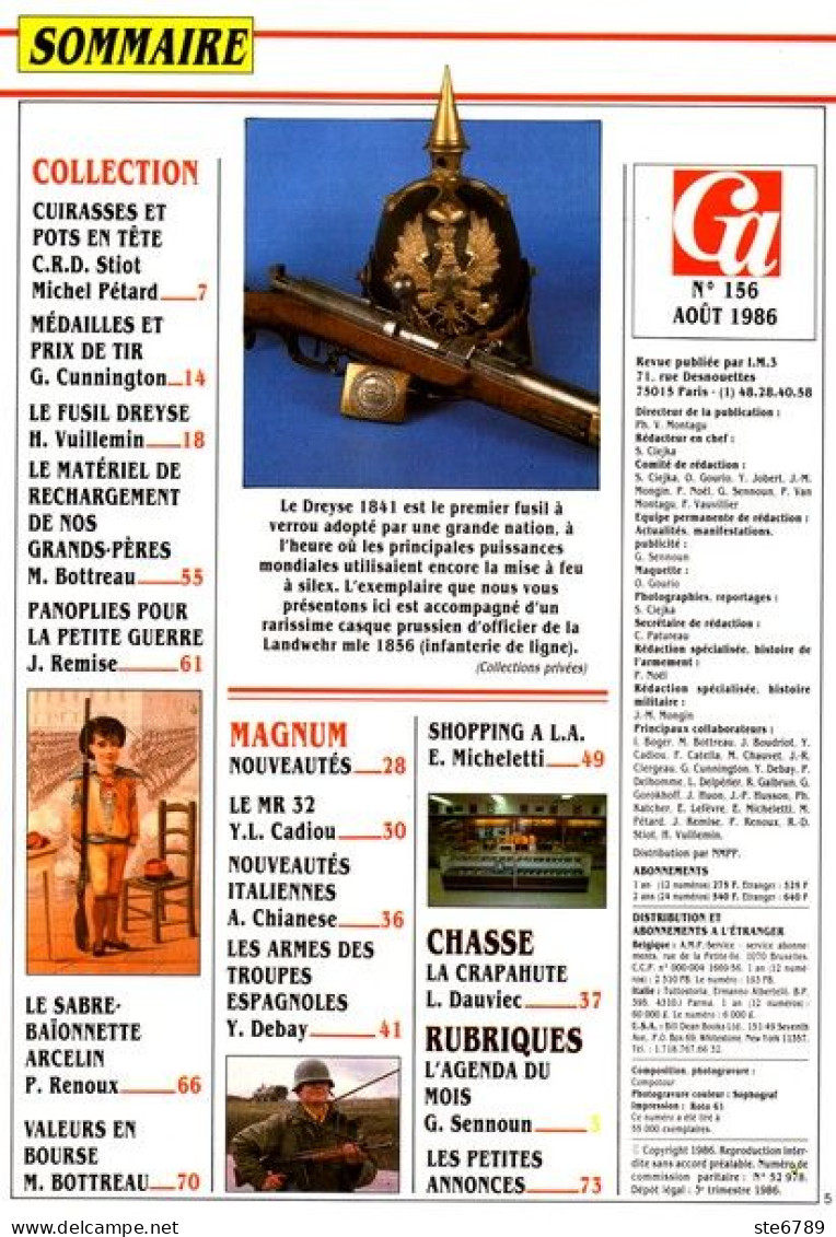 GAZETTE DES ARMES N° 156 Militaria Fusil Dreyse Sabre Baionnette Arcelin , Chasse Crapahute , - Französisch