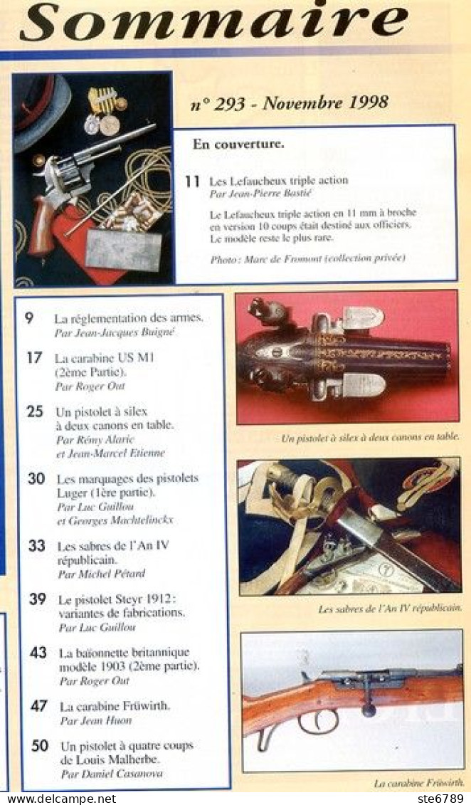 GAZETTE DES ARMES N° 293 Militaria Luger P.08 , Sabres An IV , Carabine Fruwirth , Pistolet Malherbe , Baionnette 1903 - French