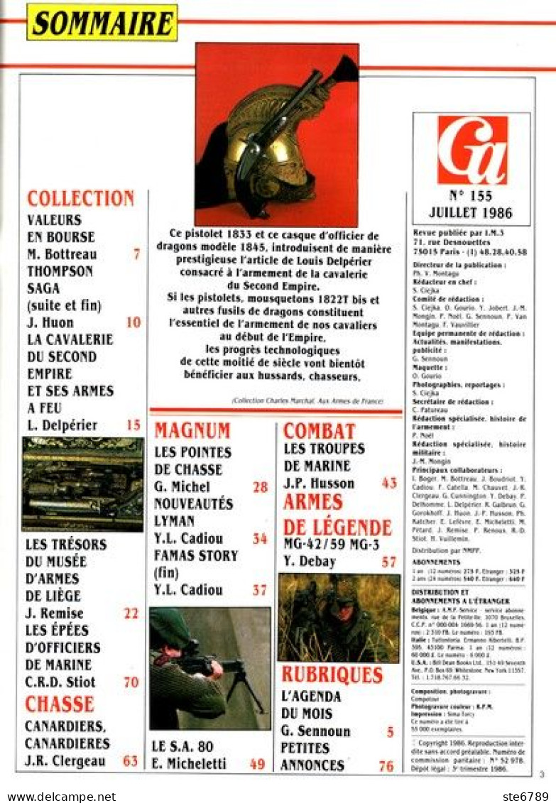 GAZETTE DES ARMES N° 155 Militaria Armes Cavalerie Napoléon , Thompson , Chasse Canardières , Musée De Liège - Francese