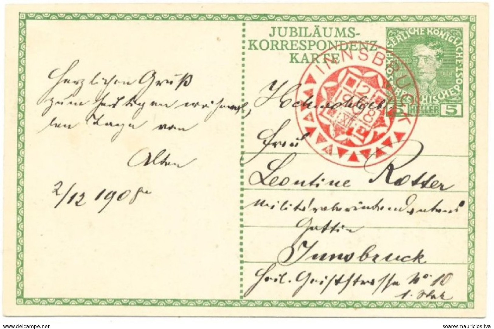 Austria 1908 Postal Stationery Card Stamp 5 Heller Emperor Franz Joseph I Jubilee Schönbrunn & Hofburg Palace Innsbruck - Cartes Postales