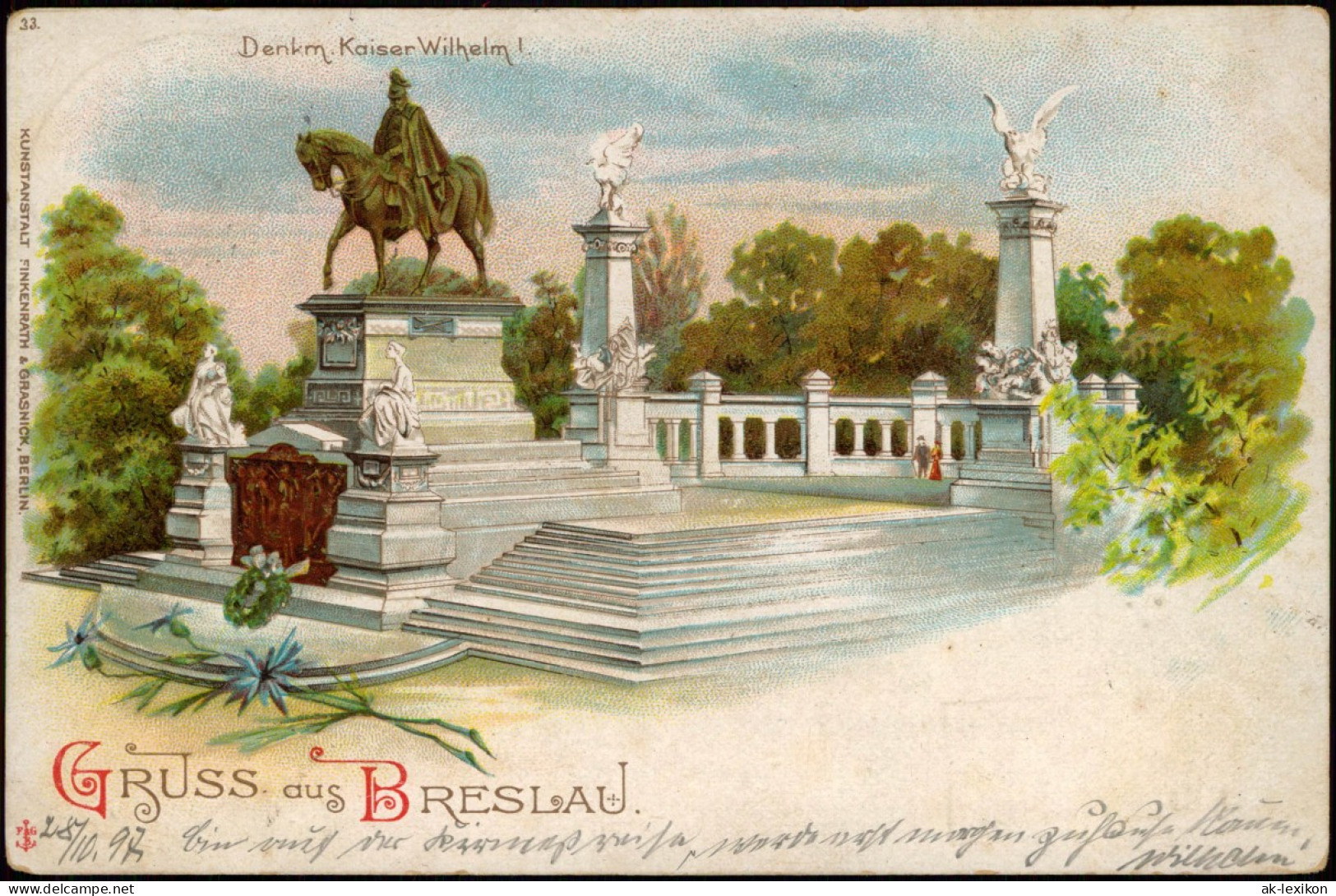 Lichterfelde-Berlin Kaiser Wilhelm I. Denkmal, Litho 1897 Gel. Bahnpost Breslau - Lichterfelde