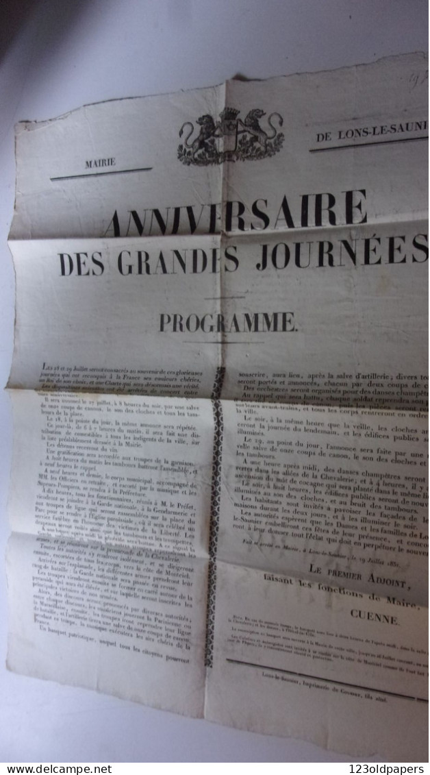 RARE JURA LONS LE SAUNIER 1831 AFFICHE MAIRIE ANNIVERSAIRE DES GRANDES JOURNEES LOUIS PHILIPPE PROGRAMME - Lons Le Saunier