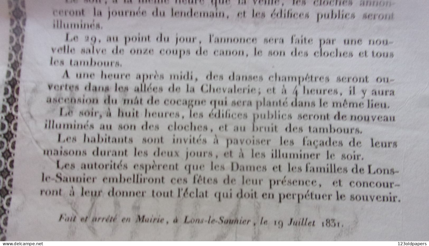 RARE JURA LONS LE SAUNIER 1831 AFFICHE MAIRIE ANNIVERSAIRE DES GRANDES JOURNEES LOUIS PHILIPPE PROGRAMME