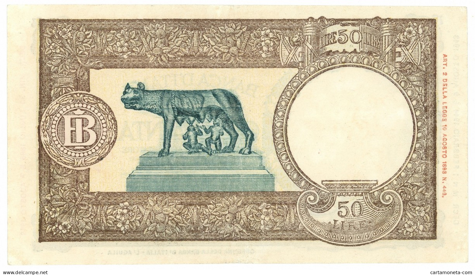 50 LIRE CAPRANESI LUPA CAPITOLINA MARG. STRETTO RETRO BI RSI 01/02/1944 BB/SPL - Otros