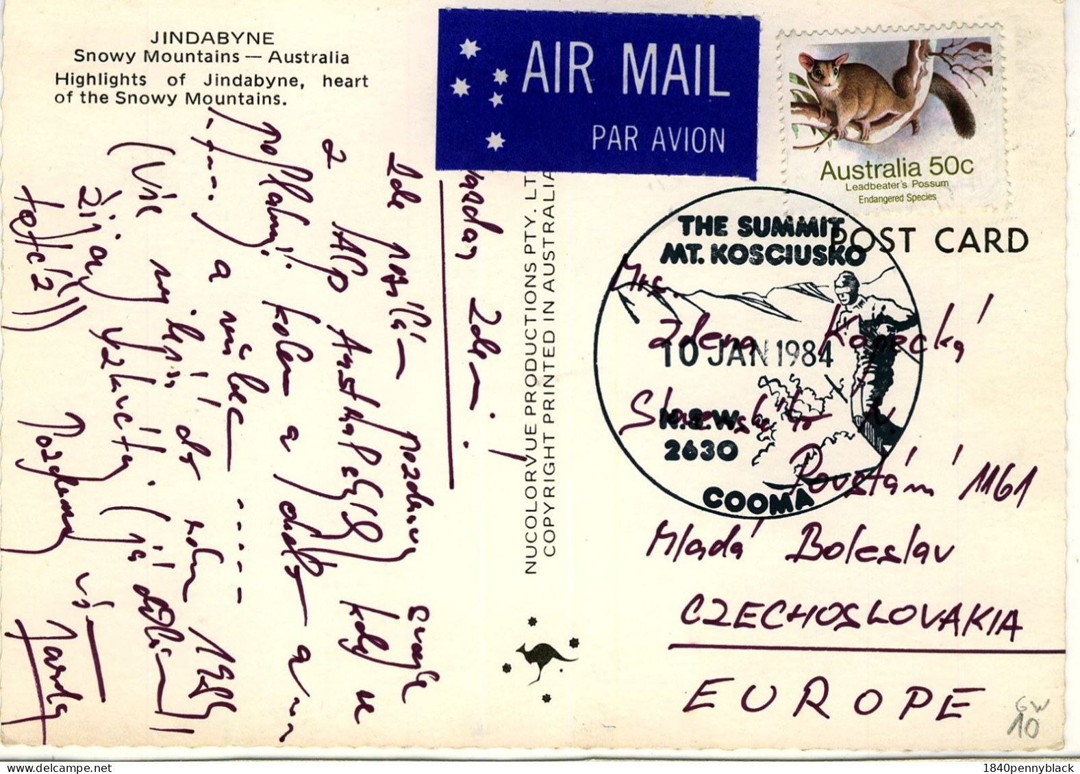 AUSTRALIA 1984 Colour Postcard Of Jindabyne With Summit Mt Kosciusko Cooma Cachet To Czechoslovakia With SG 796. - Lettres & Documents