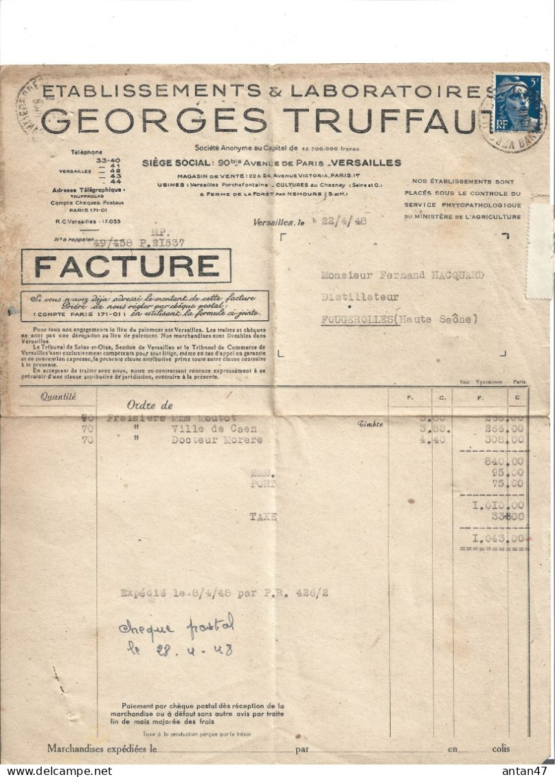 7 Factures 1948-51 / 78 VERSAILLES / 75001 PARIS / 77 Ferme De La Fôret NEMOURS / Semences Graines TRUFFAUT - Agricultura