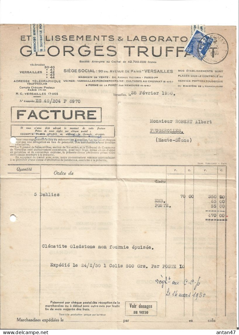 7 Factures 1948-51 / 78 VERSAILLES / 75001 PARIS / 77 Ferme De La Fôret NEMOURS / Semences Graines TRUFFAUT - Agriculture