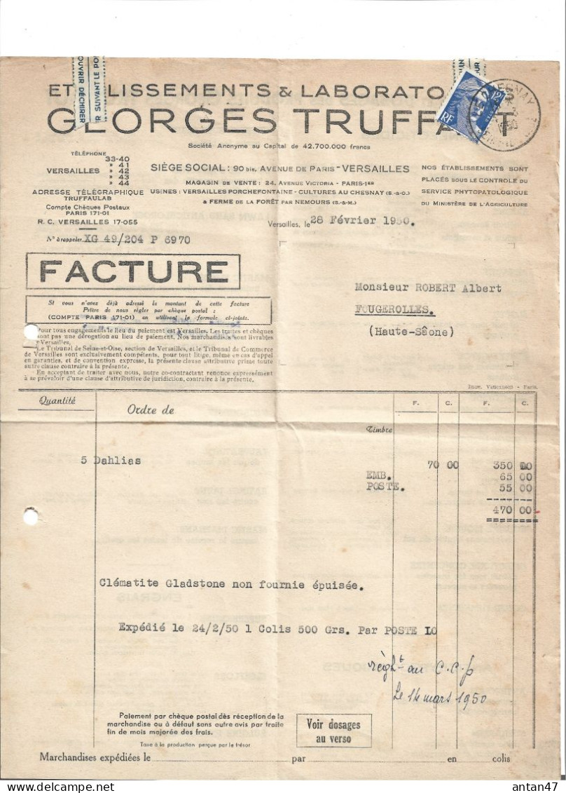 7 Factures 1948-51 / 78 VERSAILLES / 75001 PARIS / 77 Ferme De La Fôret NEMOURS / Semences Graines TRUFFAUT - Agricultura