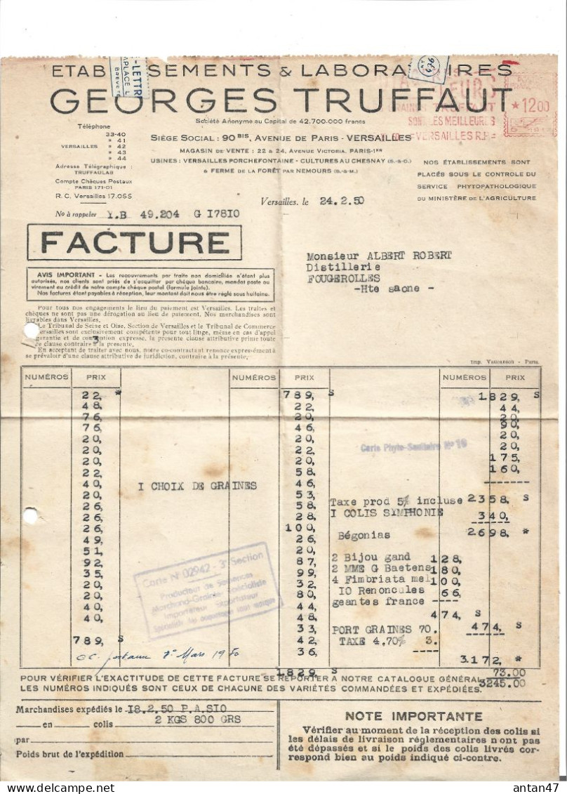 7 Factures 1948-51 / 78 VERSAILLES / 75001 PARIS / 77 Ferme De La Fôret NEMOURS / Semences Graines TRUFFAUT - Agricultura