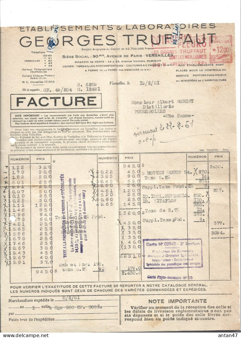 7 Factures 1948-51 / 78 VERSAILLES / 75001 PARIS / 77 Ferme De La Fôret NEMOURS / Semences Graines TRUFFAUT - Agricultura