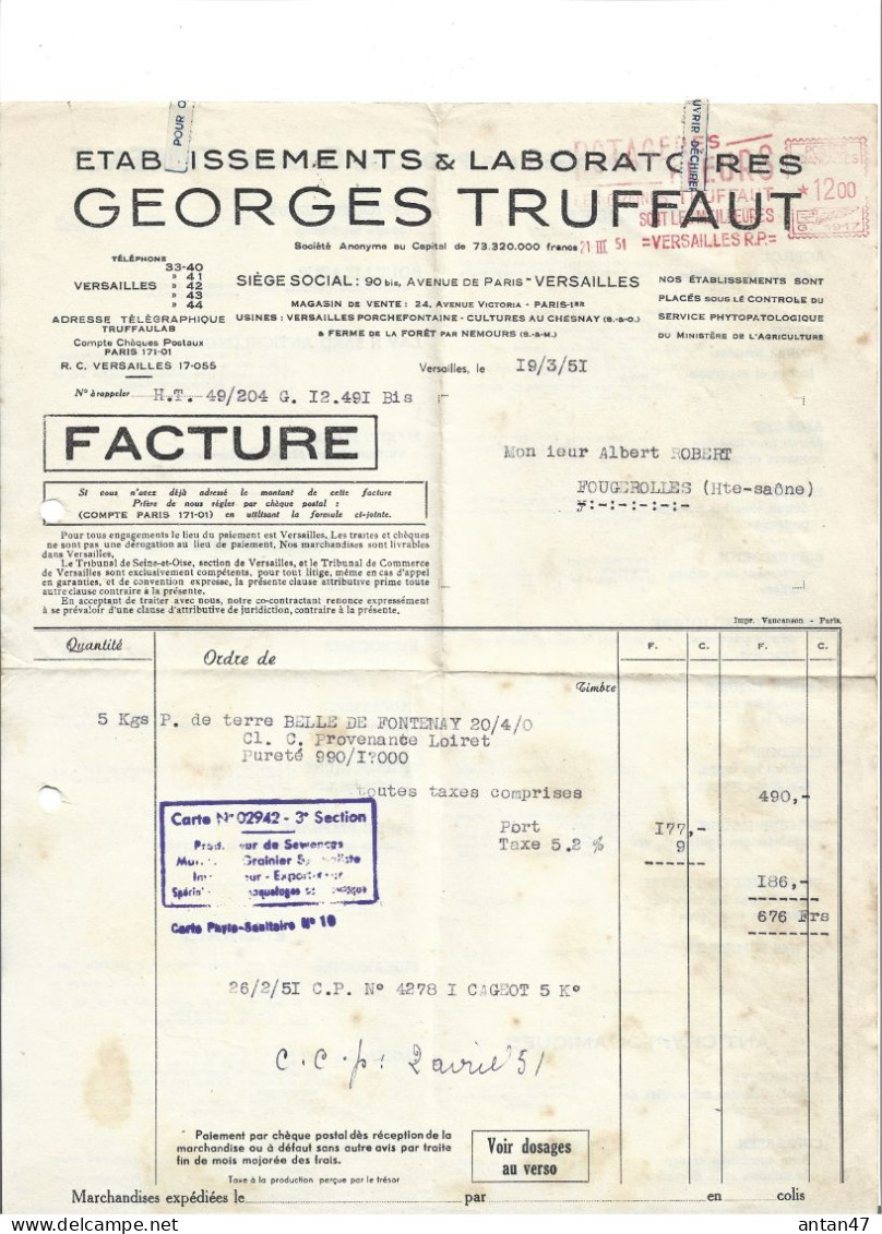 7 factures 1948-51 / 78 VERSAILLES / 75001 PARIS / 77 Ferme de la Fôret NEMOURS / Semences graines TRUFFAUT