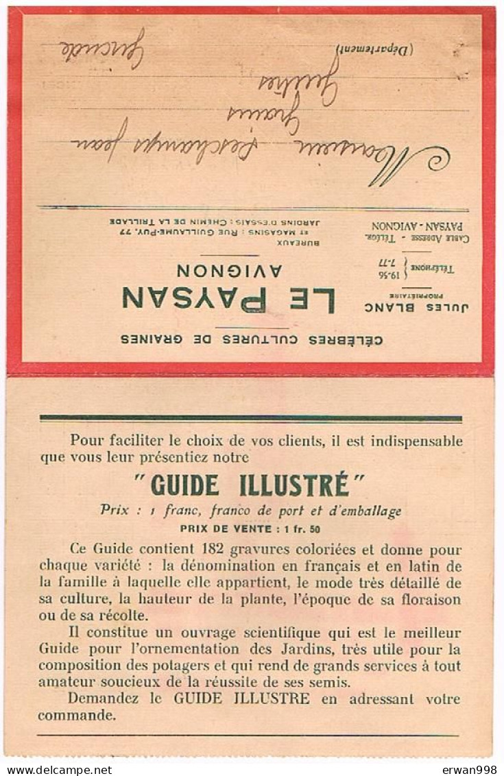 84 AVIGNON Rue Guillaume Puy- Facture Jules BLANC - LE PAYSAN - Cultures De Graines  392 - Agricoltura