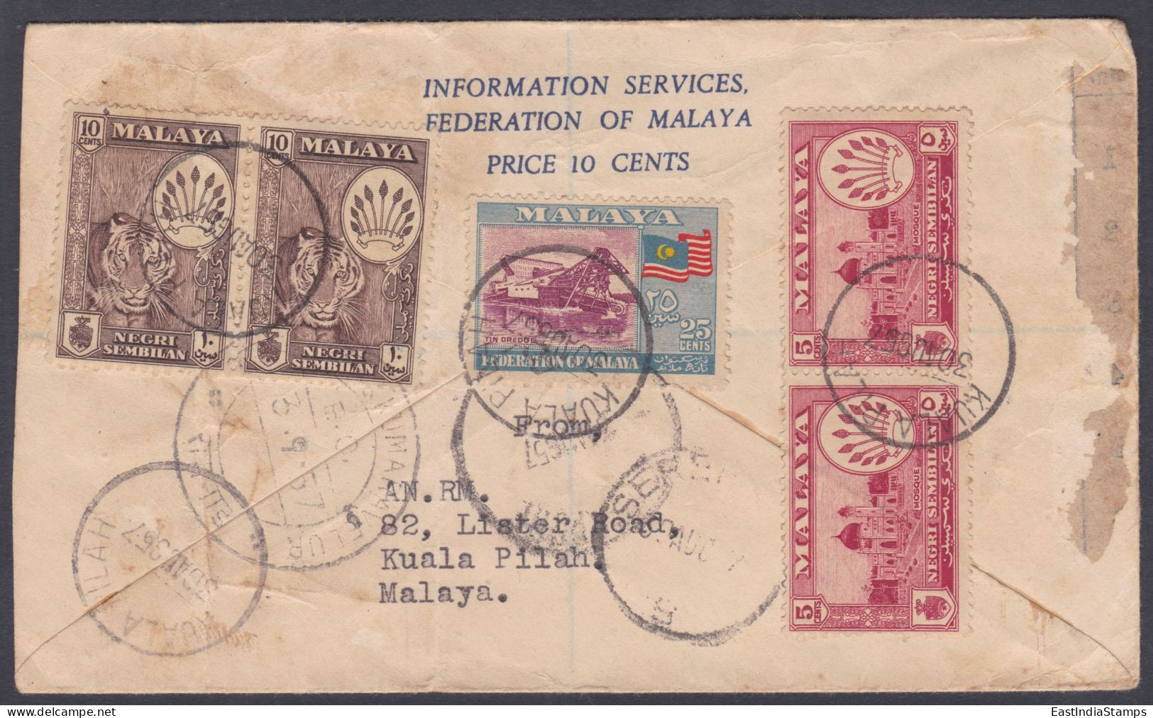 Federation Of Malaya 1957 Used Registered FDC TO India, Independence, Mosque, Tin Dredge, Tiger, Flag, First Day Cover - Federation Of Malaya