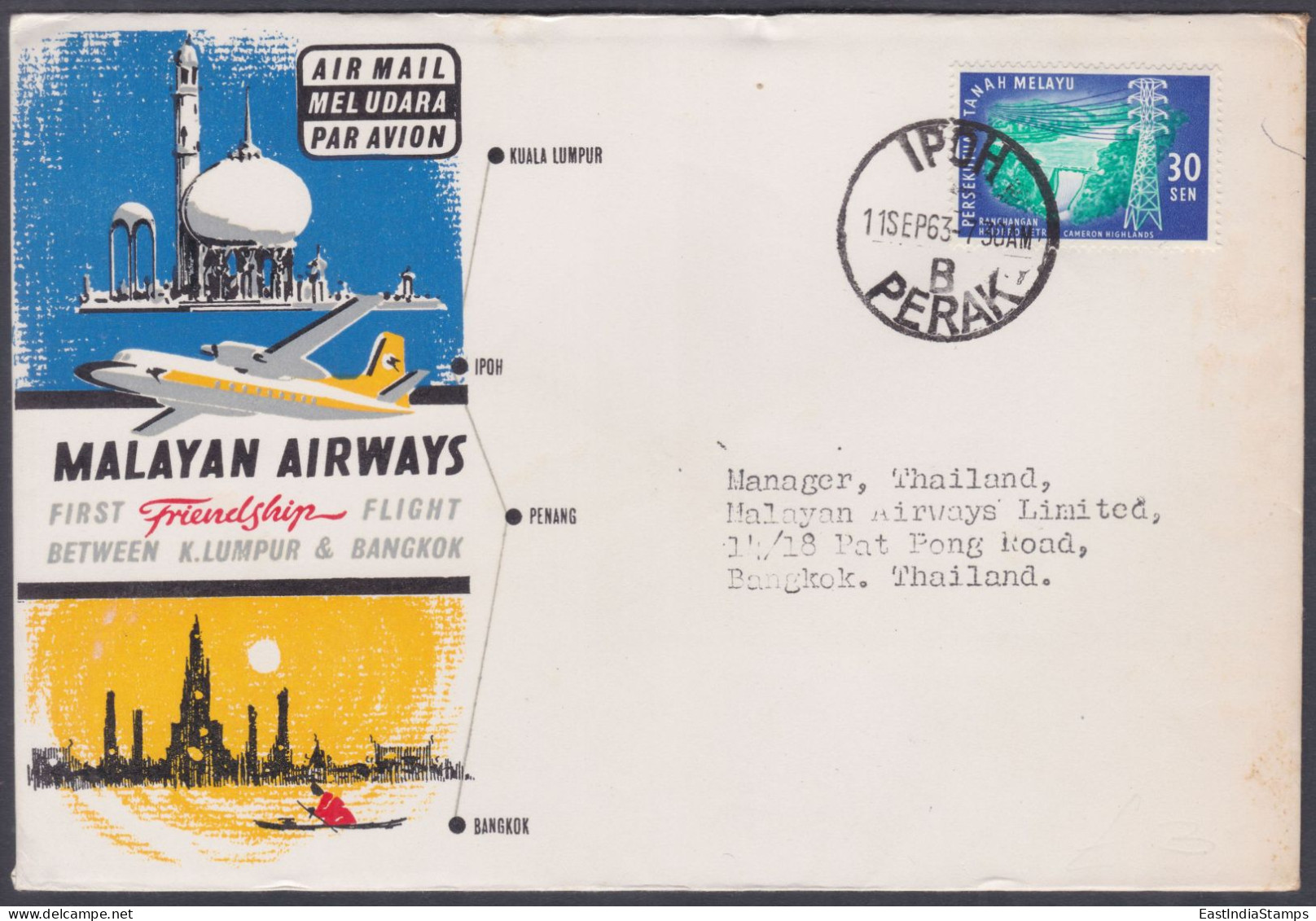 Malaysia Federation Of Malaya 1963 First Flight Cover Kuala Lumpur To Bangkok, Aeroplane, Aircraft, Mosque, Architecture - Federation Of Malaya