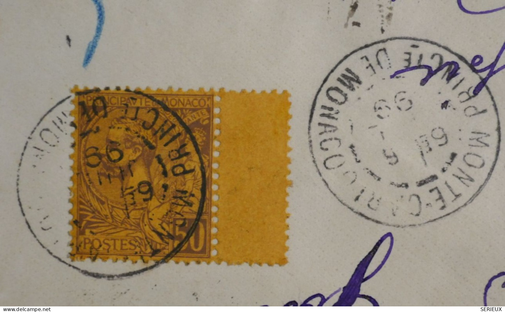 DQ2  MONACO LETTRE  CHARGEE  N°18  + INTERPANNEAU  1899  MONTE CARLO A  NIMES FRANCE+ CACHET CIRE  +AFF. INTERESSANT+ - Postmarks