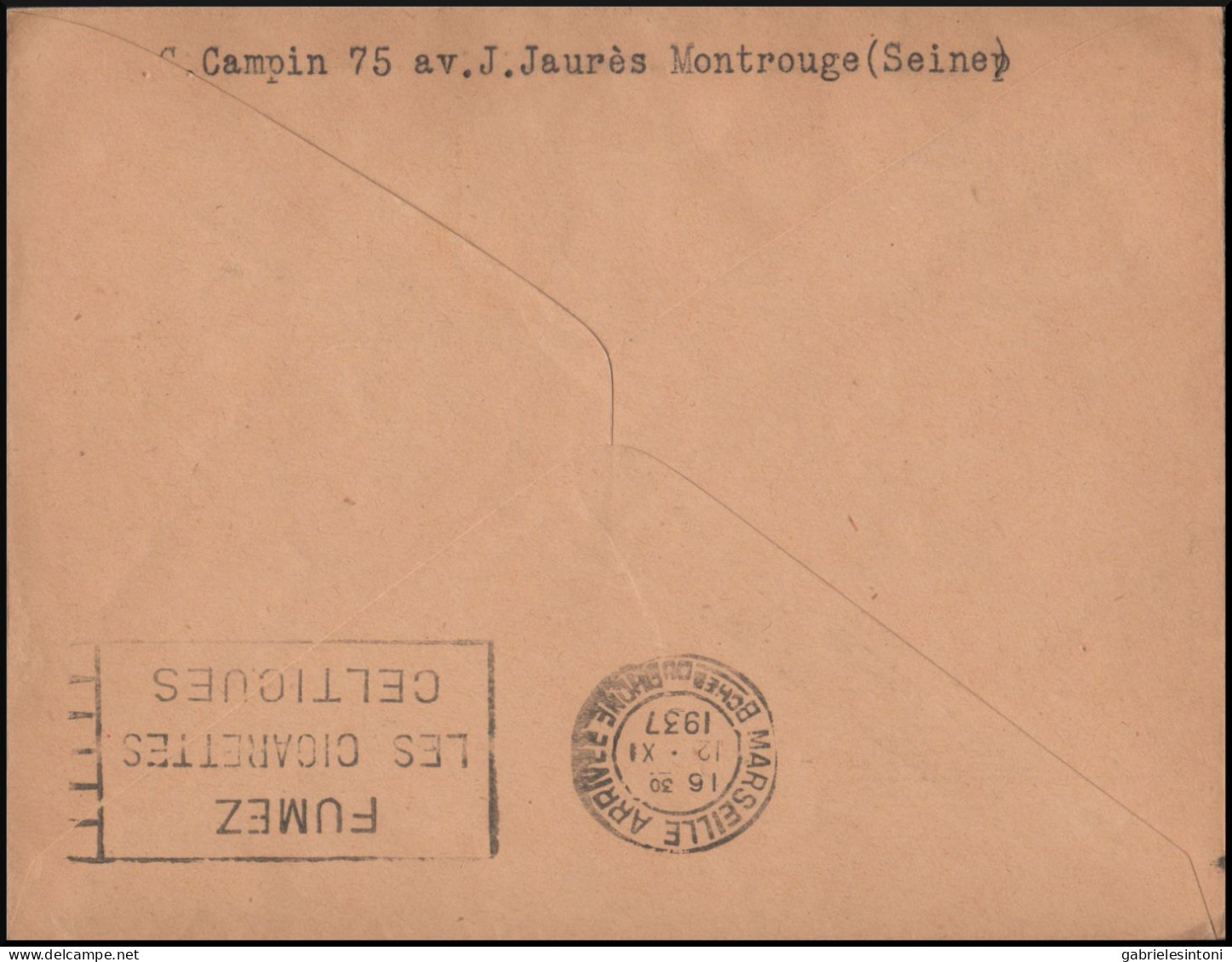 PV 9 - 12/11/1937 - Air Mail. Letter Sent From French To Marseille. Airport Inauguration. - 1927-1959 Covers & Documents