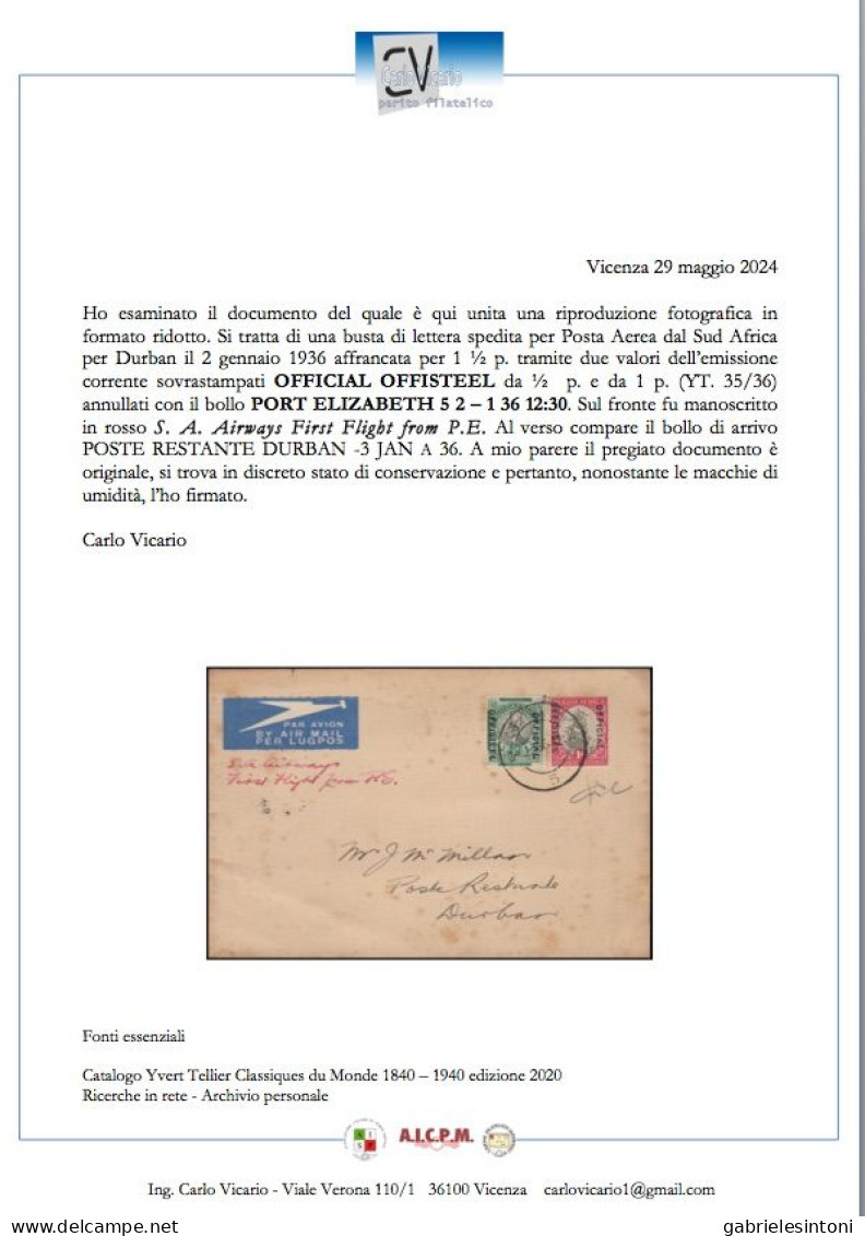 PV 14 - 2/1/1936 - First Flight From Port Elizabeth. Letter Sent From South Africa To Great Britain. - Kap Der Guten Hoffnung (1853-1904)