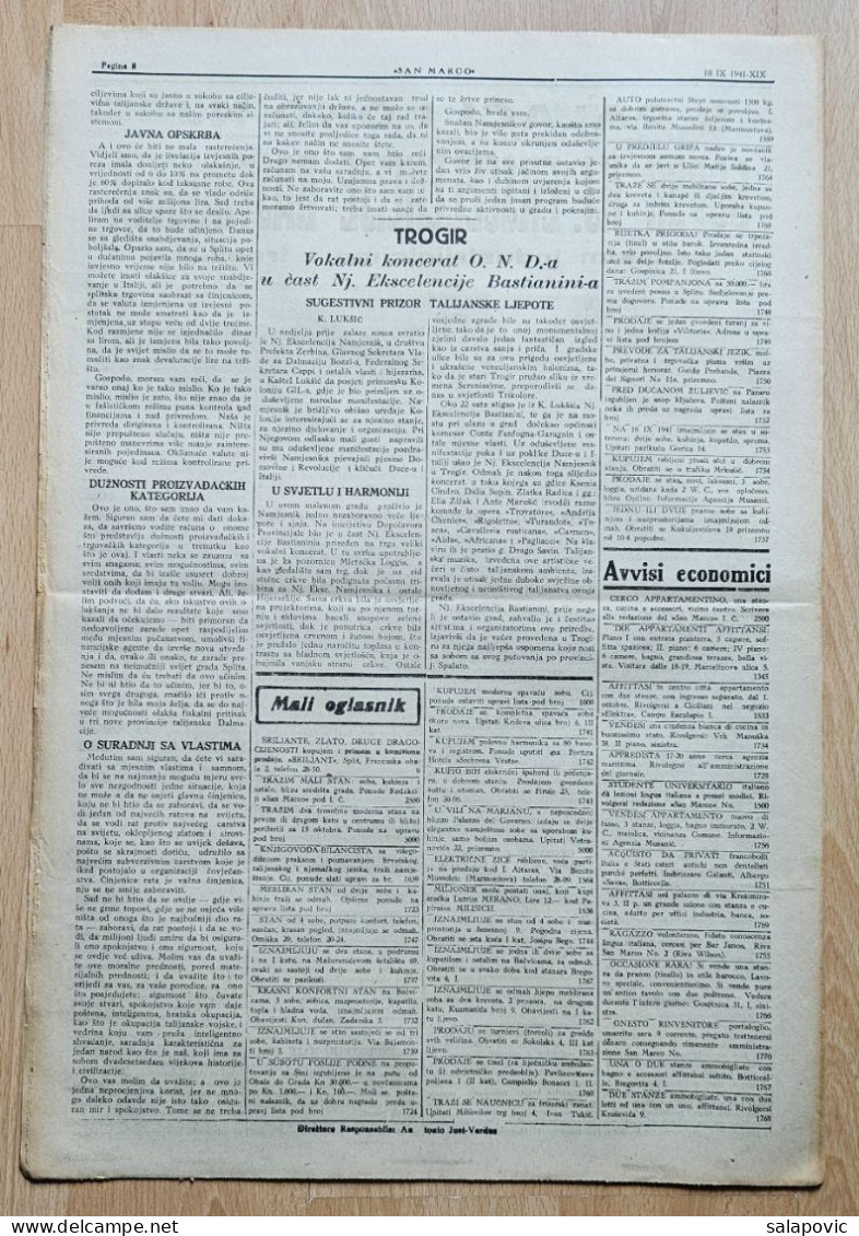 San Marco! 112/1941  Edizione Di Spalato Newspaper Italian Occupation Of Split, Giuseppe Bastianini - Andere & Zonder Classificatie