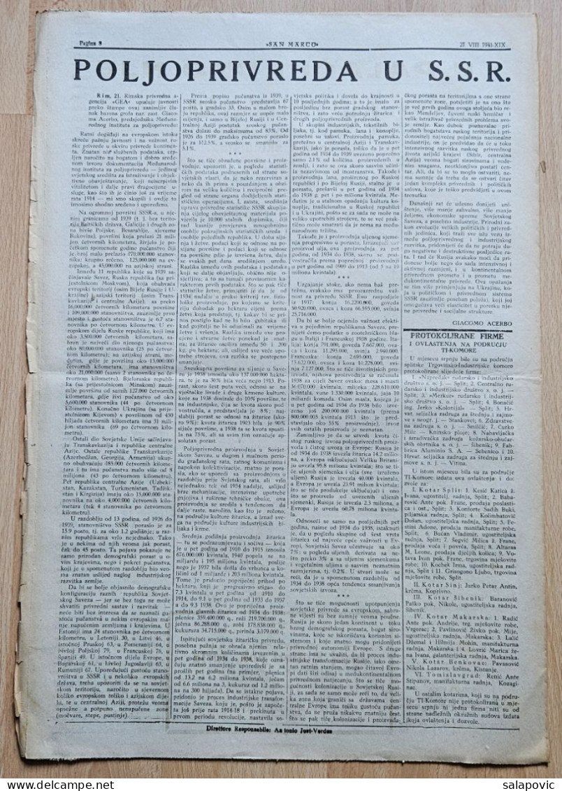 San Marco! 95/1941  Edizione Di Spalato Newspaper Italian Occupation Of Split - Sonstige & Ohne Zuordnung